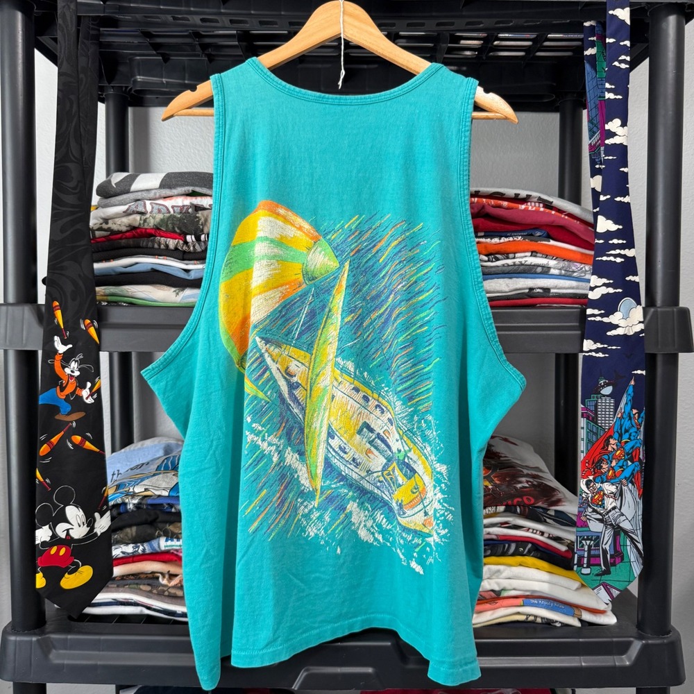 Vintage Teal Hobie Sailboat Graphic Tank Top XL Has Marks